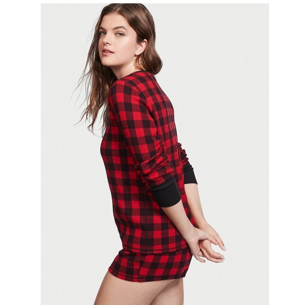 NEW Victoria's Secret Thermal Henley 2pc Short Pajama Set Lipstick Red Plaid M